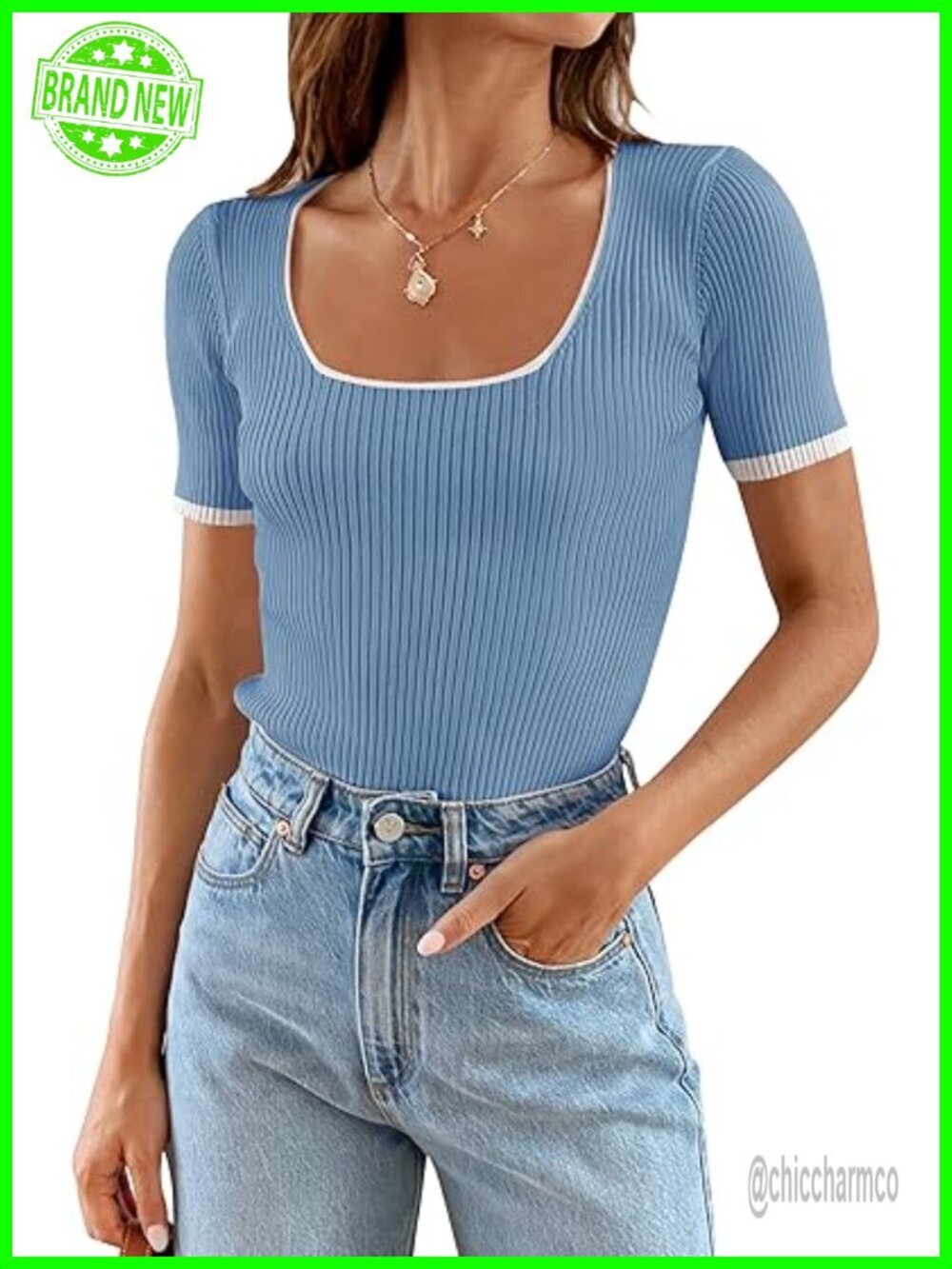 Square Neck Color Block Ribbed Knit T-Shirt Slim Fit Crop Tee